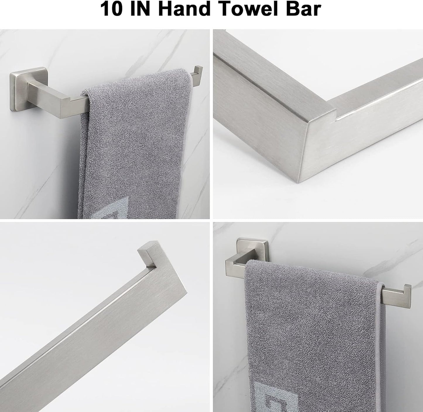 7 Pieces Bathroom Hardware Set 304 Stainless Steel-Square Towel Rack Set Include 24" Towel Rod+ 10" Hand Towel Bar+ Toilet Paper Holder+ 4Robe Towel Hooks Bathroom Accessories(Brushed Nickel)