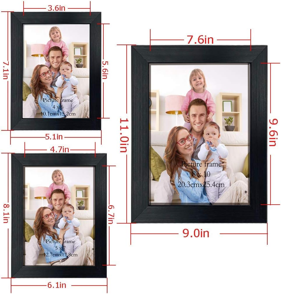 7 Pack Black Picture Frames Multiple Sizes, Four 4X6, Two 5X7, One 8X10, Multi Size Photo Collage Family Gallery Living Room, Wall or Tabletop