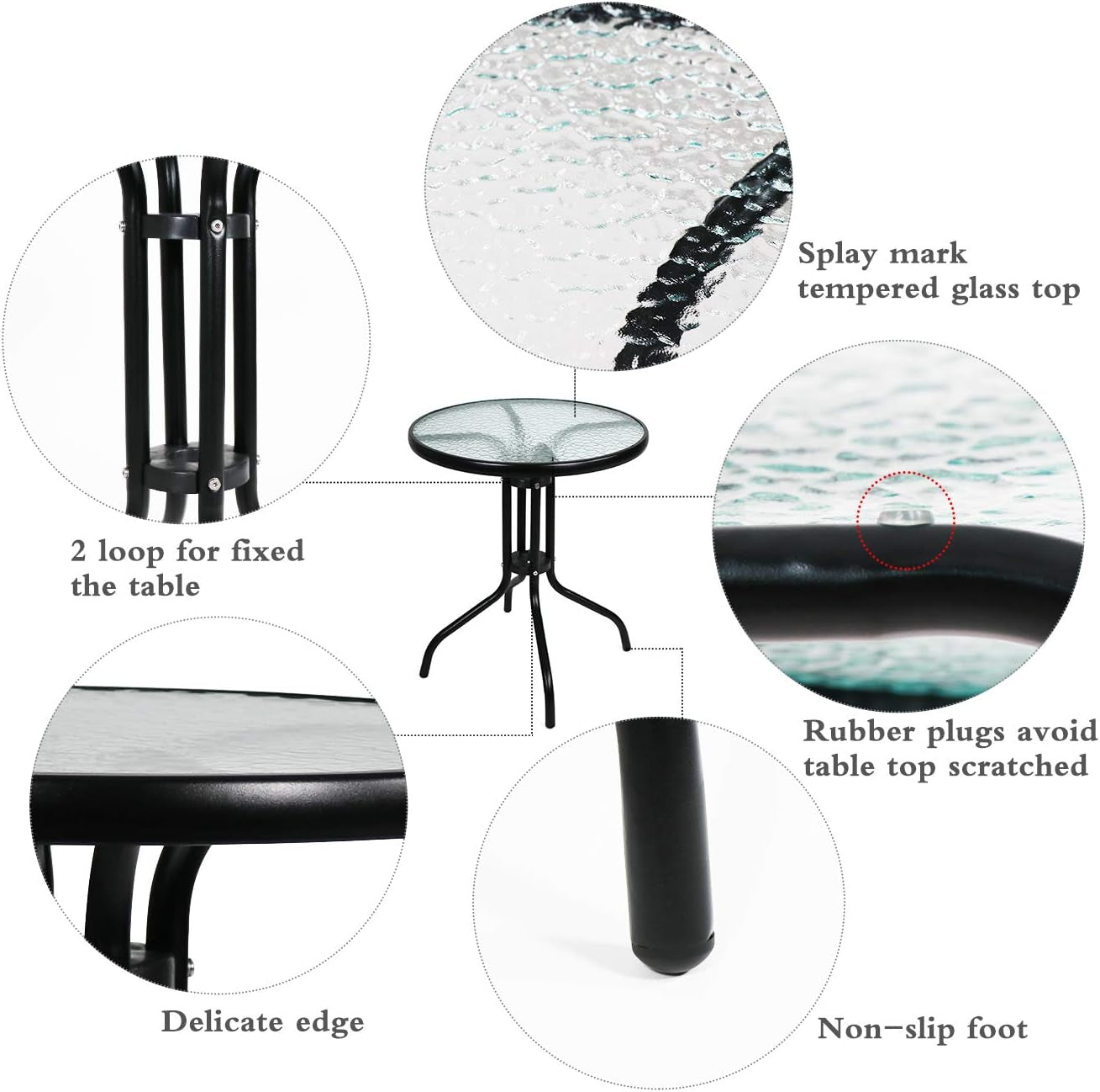 24" Patio Dining Table round Bistro Table Outdoor Furniture Garden Table with Frame Tempered Glass Top for Backyard Lawn Balcony Pool, Black