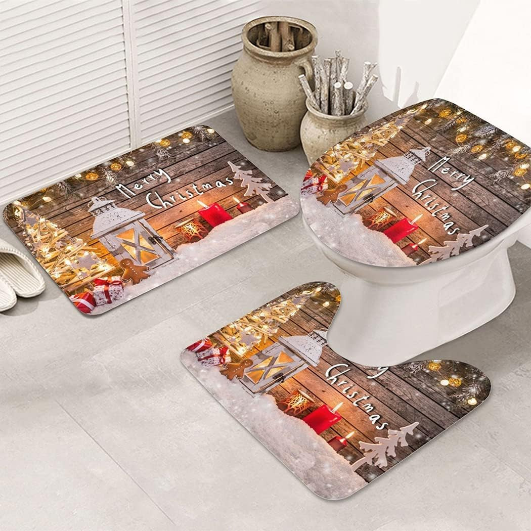 5 Pcs Wood Light Snow Christmas Tree Decor Merry Christmas Shower Curtain Sets with Rugs and Towels, Toilet Lid Cover, Bath Mat Festive Colorful Xmas Elements Bathroom Set