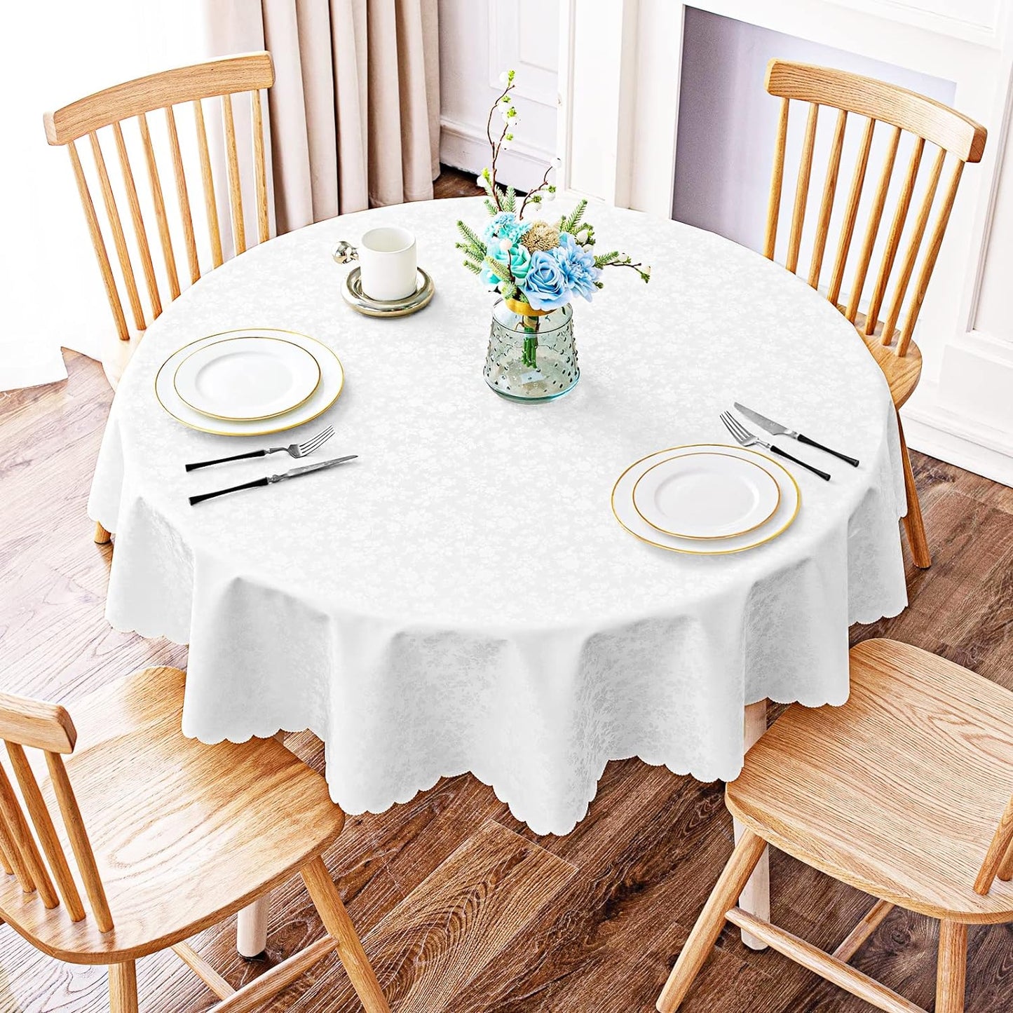 round Table Cloth, Waterproof Heavy Duty Vinyl Tablecloths, Wipeable Washable Table Cover for Kitchen and Dining Room (White, 60" X 60")