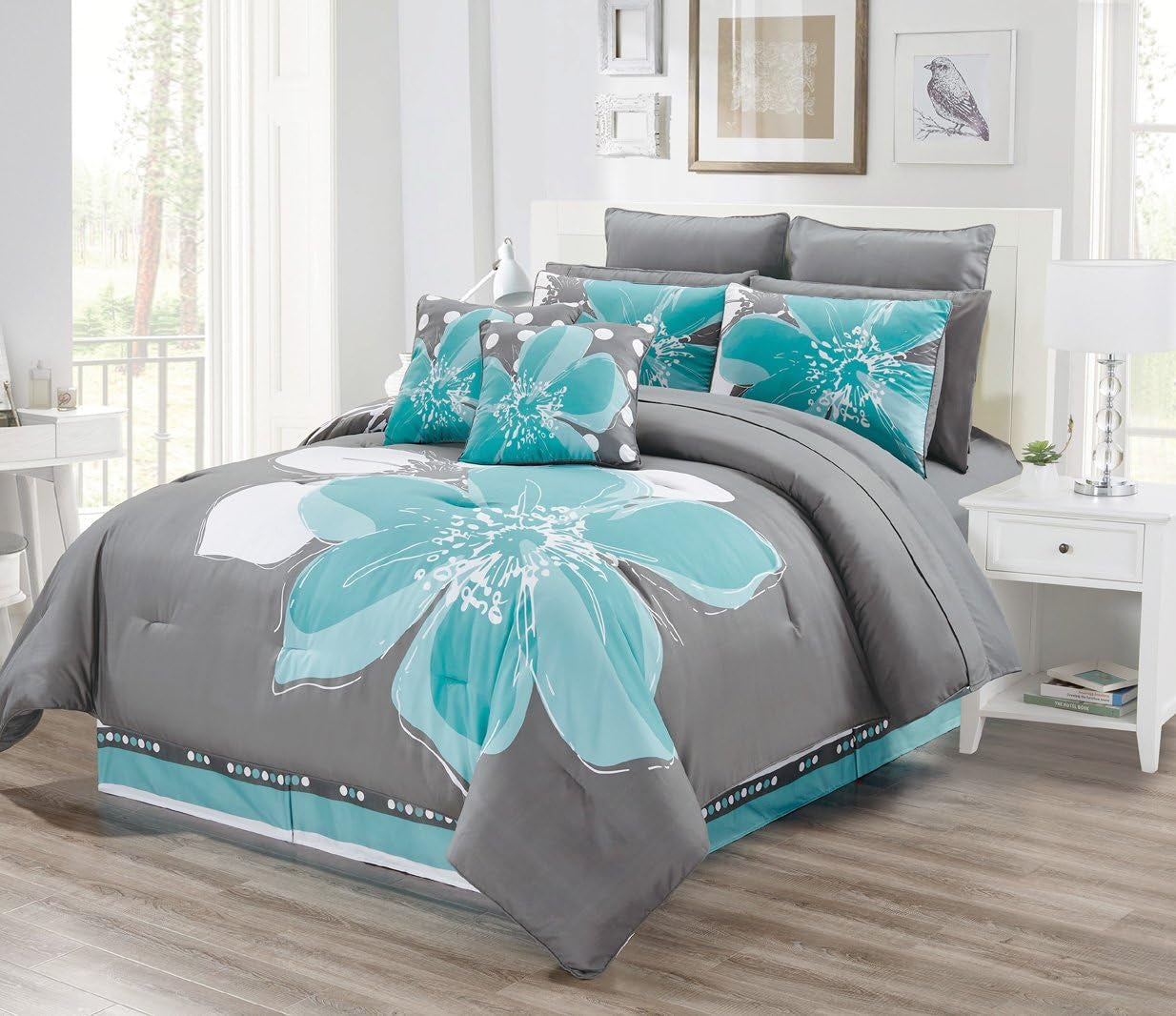 12 - Piece Aqua Blue, Grey, White Floral Bed-In-A-Bag California Cal King Size Bedding + Sheets + Accent Pillows Comforter Set