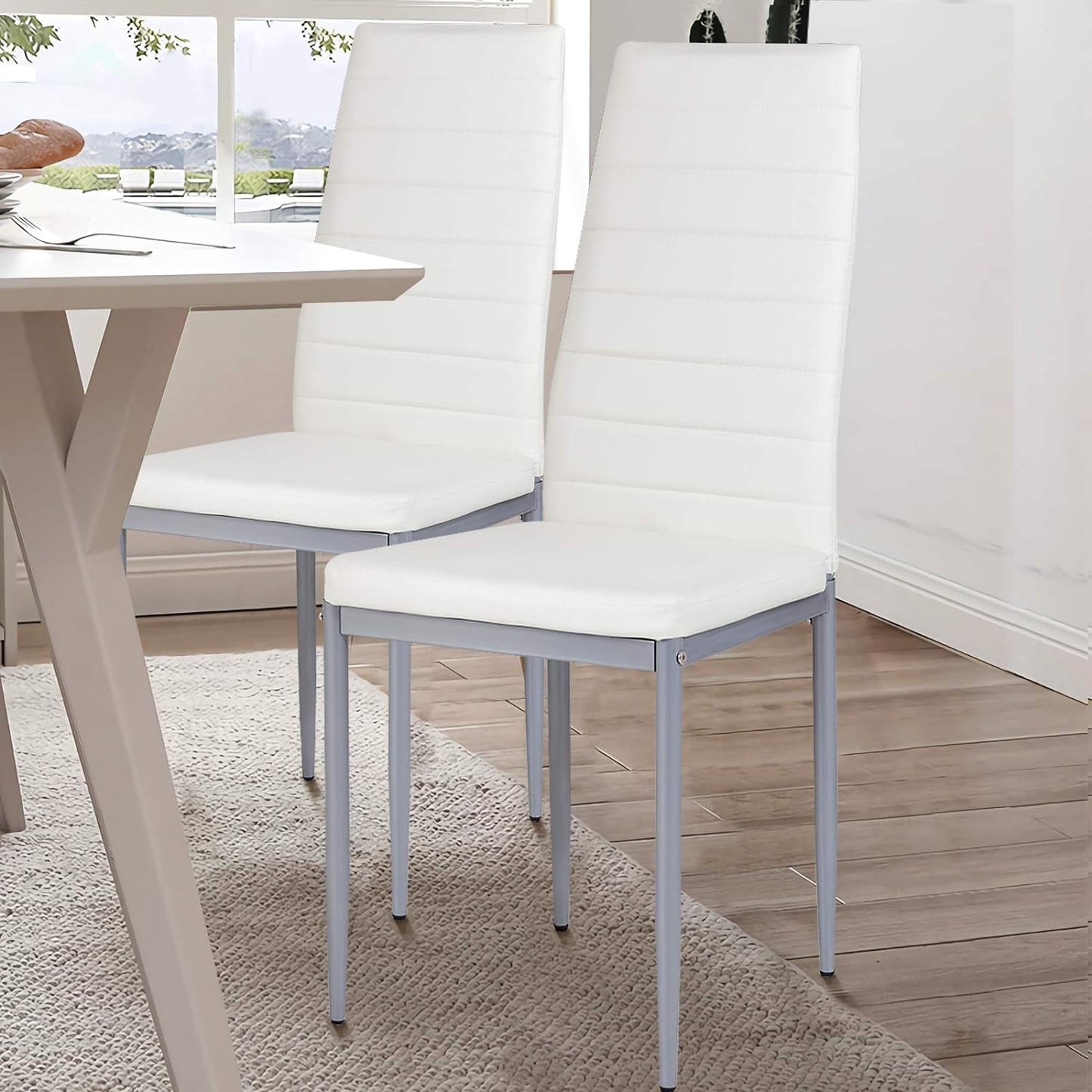 PU Leather Dining Chairs Set of 4, Upholstered Side Chairs W/Ergonomic High Backrest & Steel Frame, Dining Side Chairs for Kitchen, Dining Room, Restaurant (White)