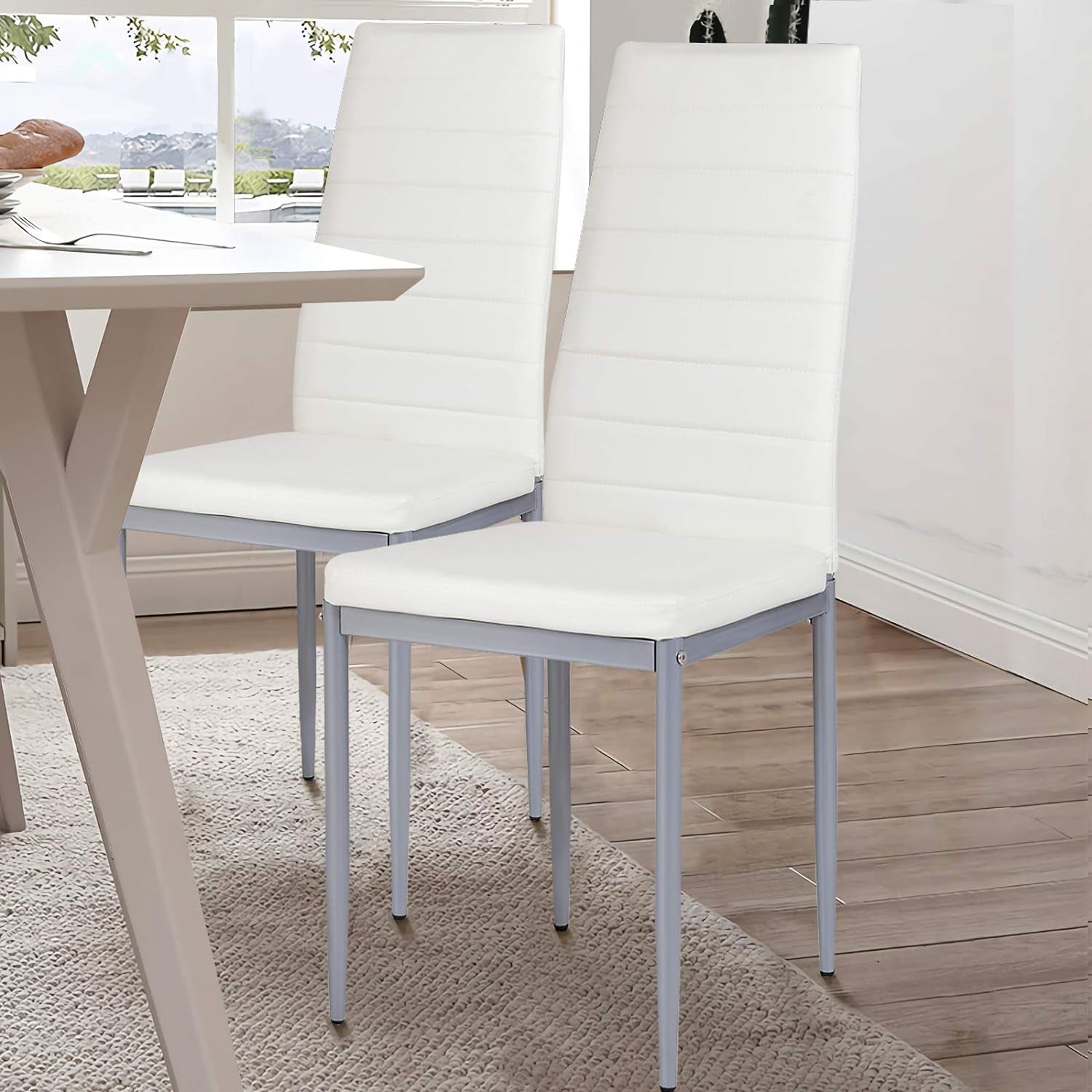 PU Leather Dining Chairs Set of 4, Upholstered Side Chairs W/Ergonomic High Backrest & Steel Frame, Dining Side Chairs for Kitchen, Dining Room, Restaurant (White)