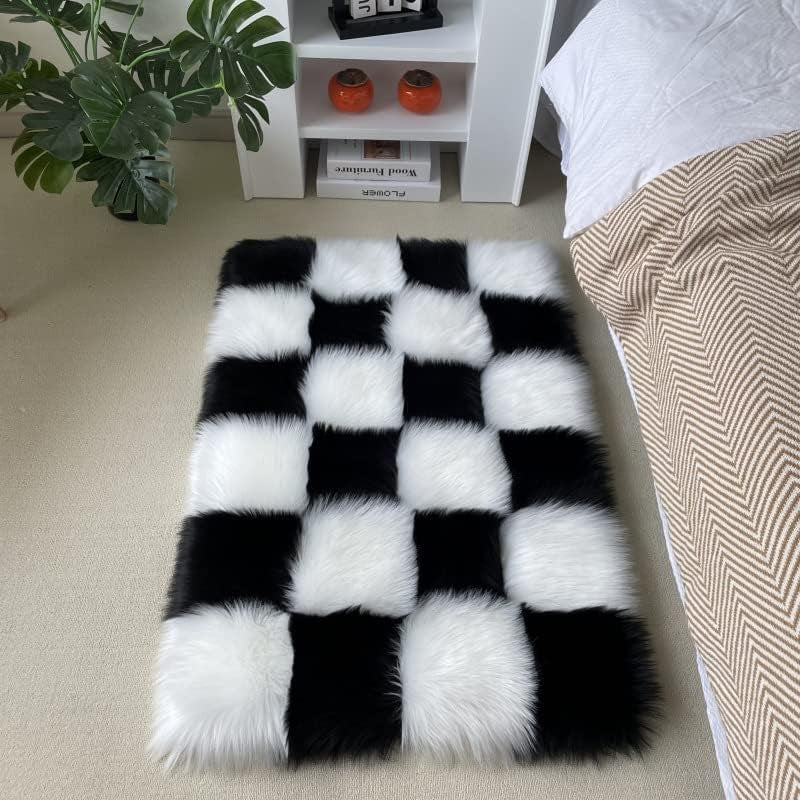 2×4 Area Rug for Living Room, Black and White Fluffy Shag Fuzzy Plush Soft Checkered Rugs for Bedroom, Shaggy Rug Floor Carpets for Kids Teen Dorm Home Decor Aesthetic, Boys and Girls Room