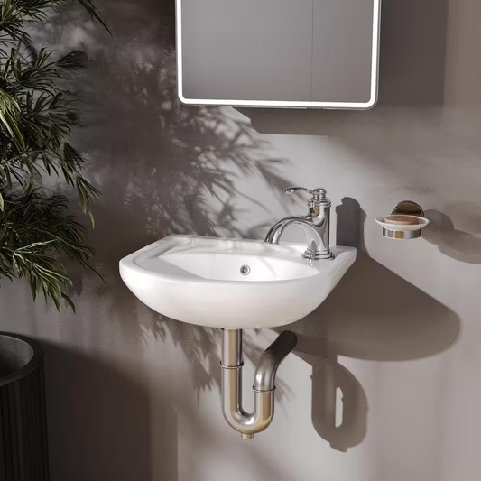 Dell Offset Faucet 16-1/8 In. Wall Mounted Bathroom Sink in White with Overflow