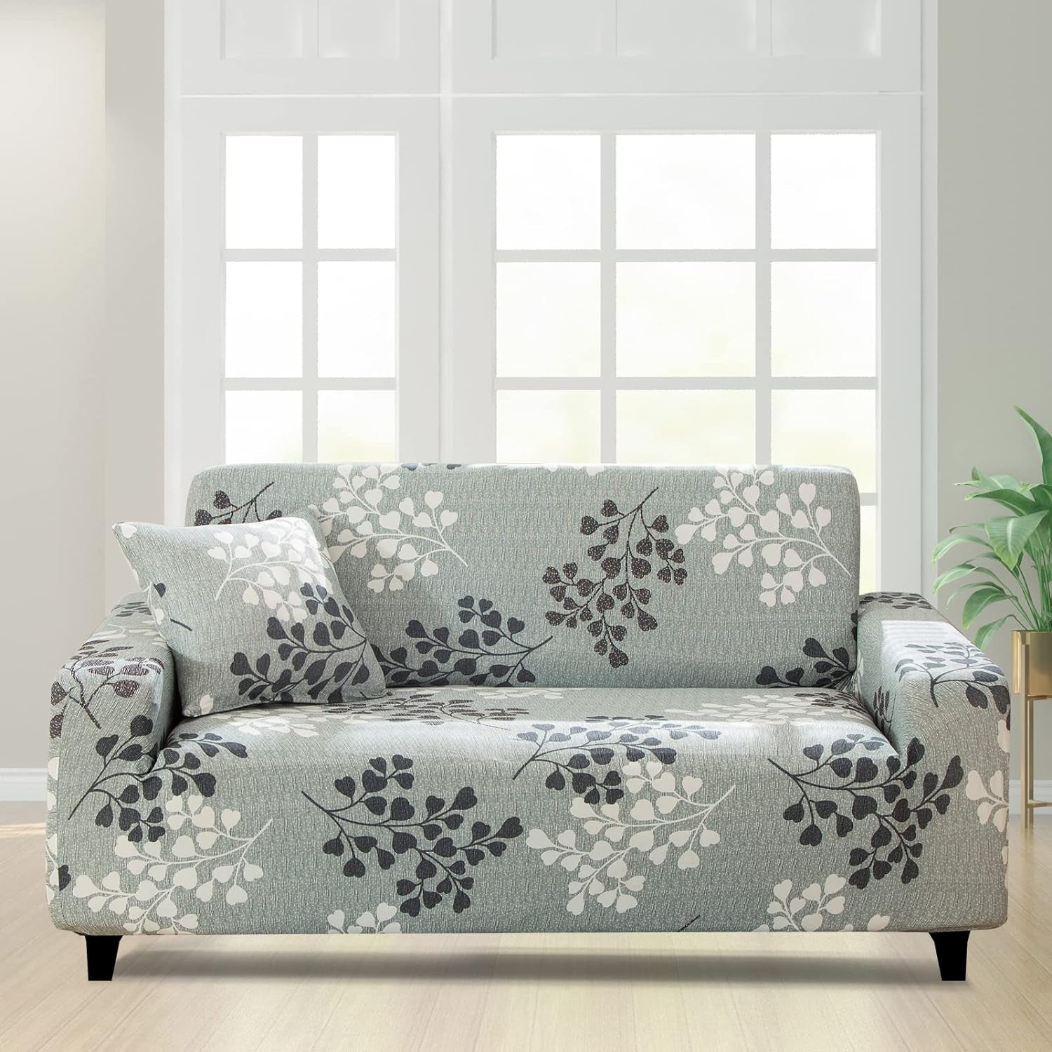 Stretch Sofa Cover Printed Couch Covers Loveseat Slipcovers for 2 Cushion Couches Sofas Elastic Universal Furniture Protector with 1 Pillowcase (Medium, Cyan Grey Leaves)