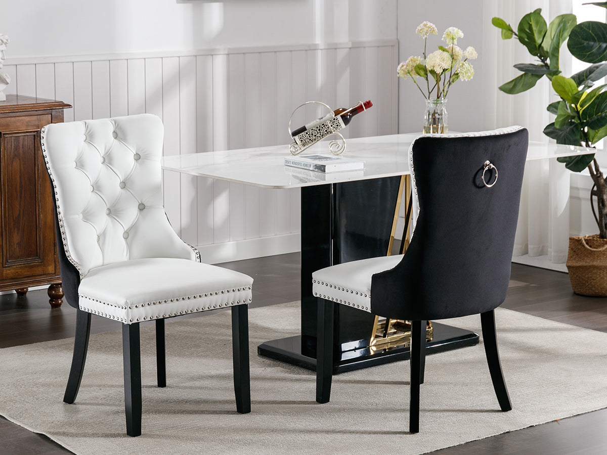 Dining Chairs Set of 2, Kitchen & Dining Room Chairs, Nailheads Tufted, Sillas De Comedor, White PU & Black Velvet Upholstered, Wood Legs (Two-Tone, 2 Pcs)