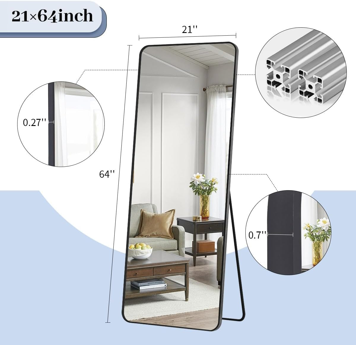 Black Full Length Mirror, 65"X22" Rounded Corner Floor Mirror Standing Hanging or Leaning against Wall Dressing Room Mirror Full Length
