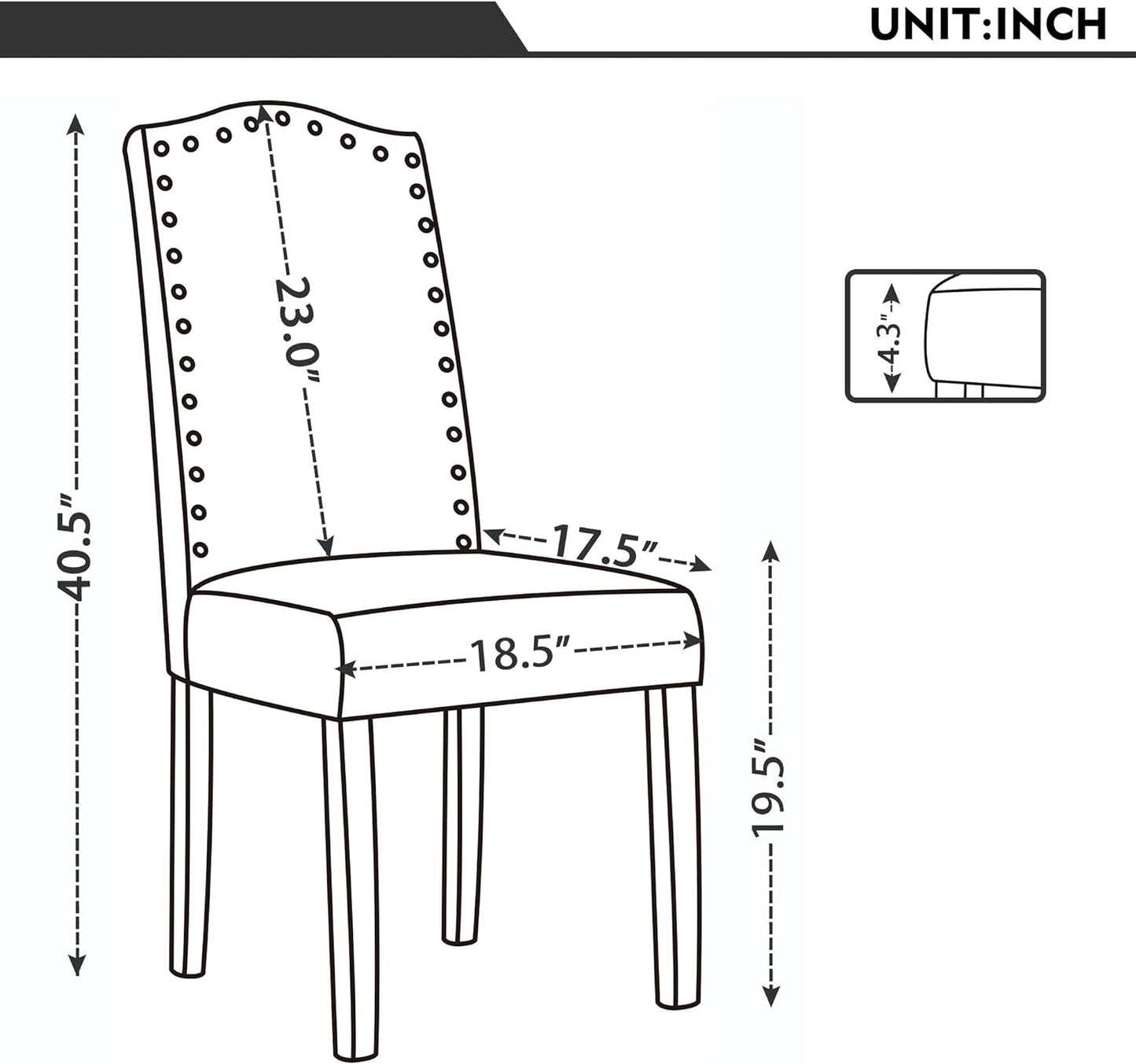 Set of 2 Luxurious Fabric Dining Chairs with Copper Nails and Solid Wood Legs (Dark Gray)