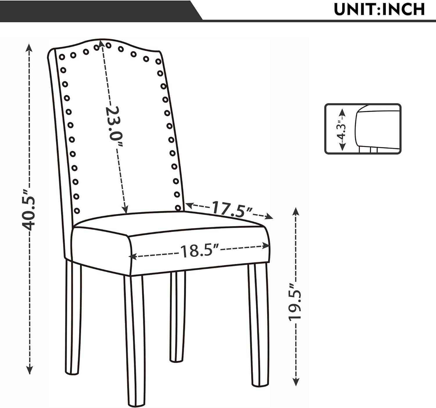 Set of 2 Luxurious Fabric Dining Chairs with Copper Nails and Solid Wood Legs (Dark Gray)