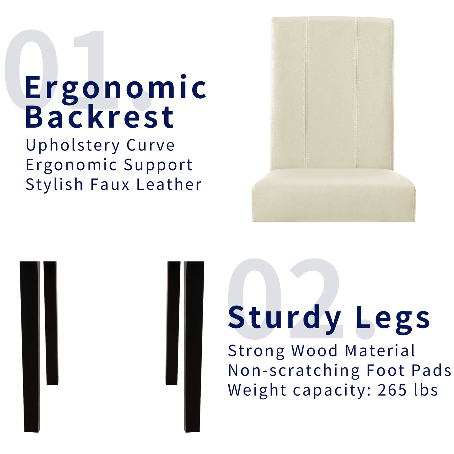 Faux Leather Indoor Dining Chair Set of 2, Modern Mid-Century Chairs for Home, Ivory