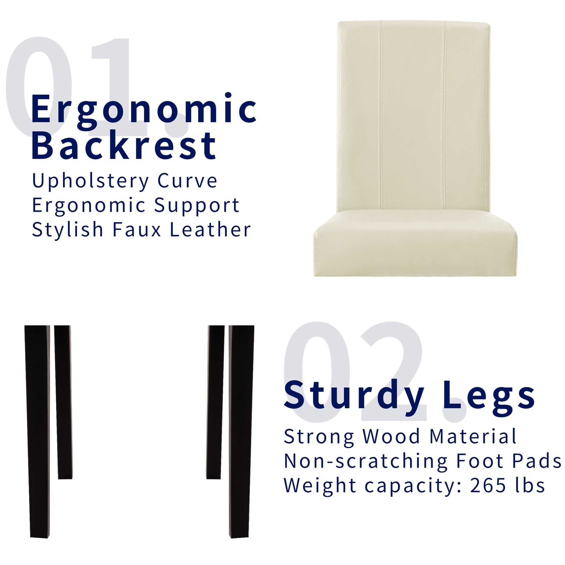 Faux Leather Indoor Dining Chair Set of 2, Modern Mid-Century Chairs for Home, Ivory