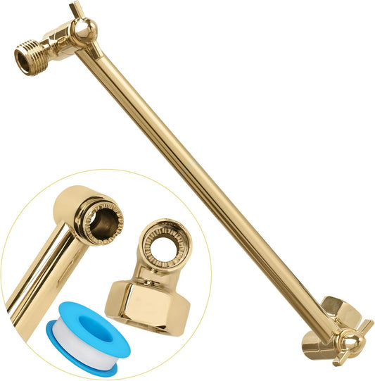 10 Inches Stainless Steel Adjustable Shower Arm Extender, Adjustable Height and Angle for Fixed, Rain, Handheld Shower Heads, Universal NPT 1/2 Inch Connector, Polished Brass Finish