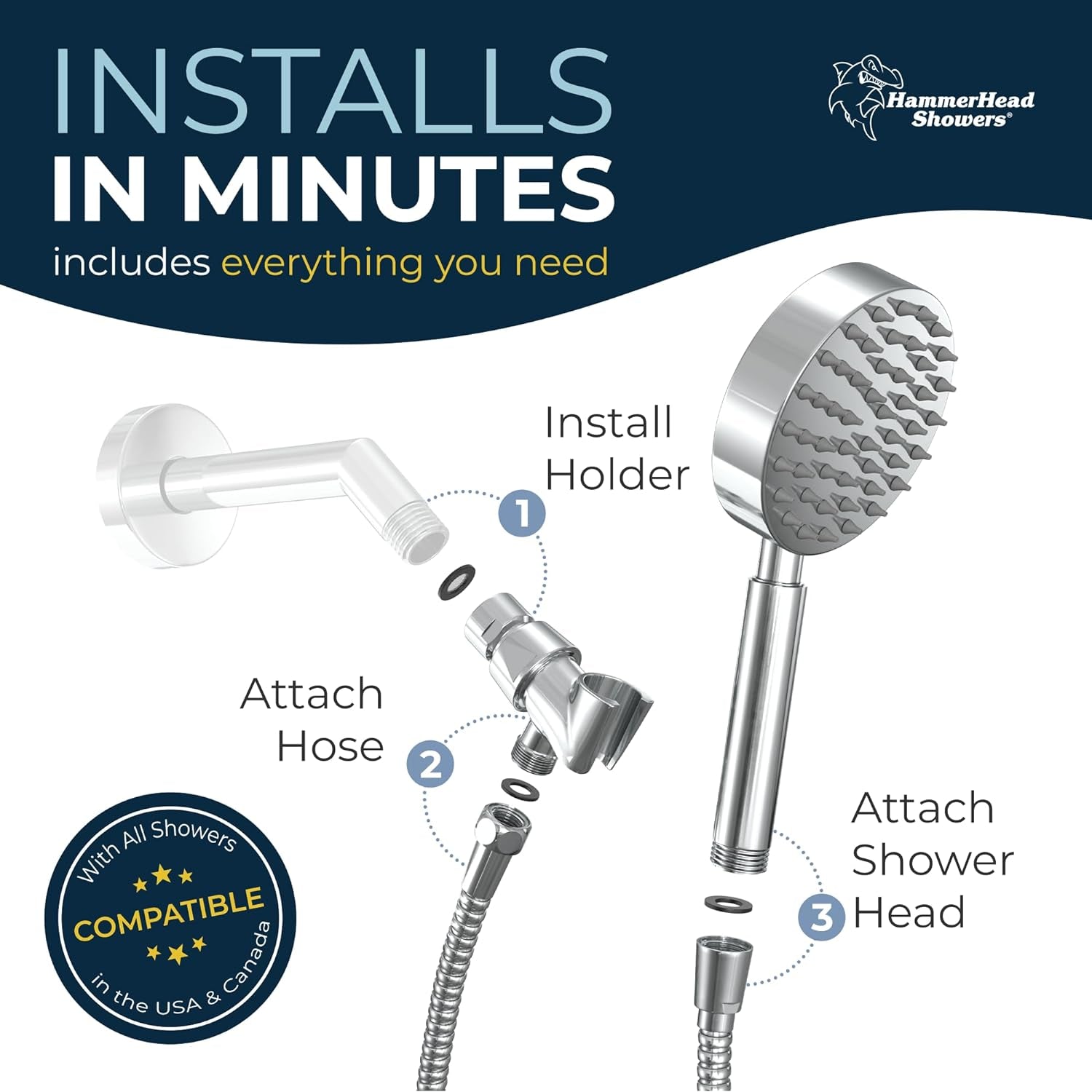 ® ALL METAL Handheld Shower Head with Hose and Brass Holder - CHROME - 2.5 GPM High Pressure Shower Heads with Adjustable Shower Wand Bracket - 6Ft Flexible Extension