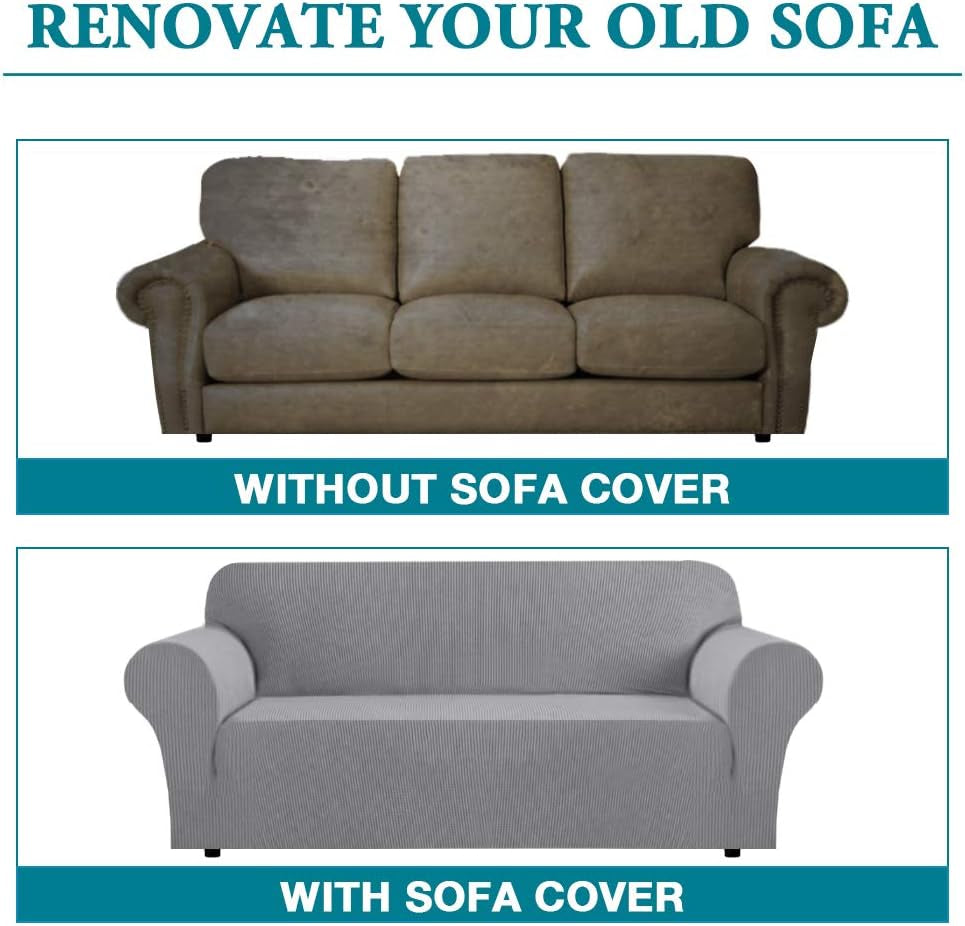 High Stretch Sofa Slipcover Non Slip Couch Cover for 3 Cushion Couch Washable Pet Furniture Protector Covers with Elastic Bottom, Thick Jacquard Fabric (Large, Dove)