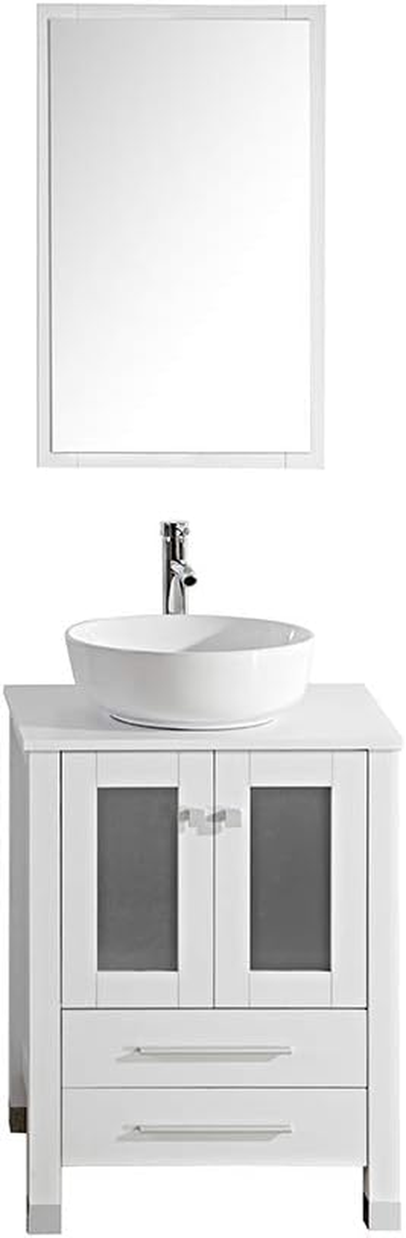 Modern 24" Bathroom Vanity Set - Cabinet with Ceramic Sink Top, Chrome Finished Faucet, Flexible Drain & Mirrors, White