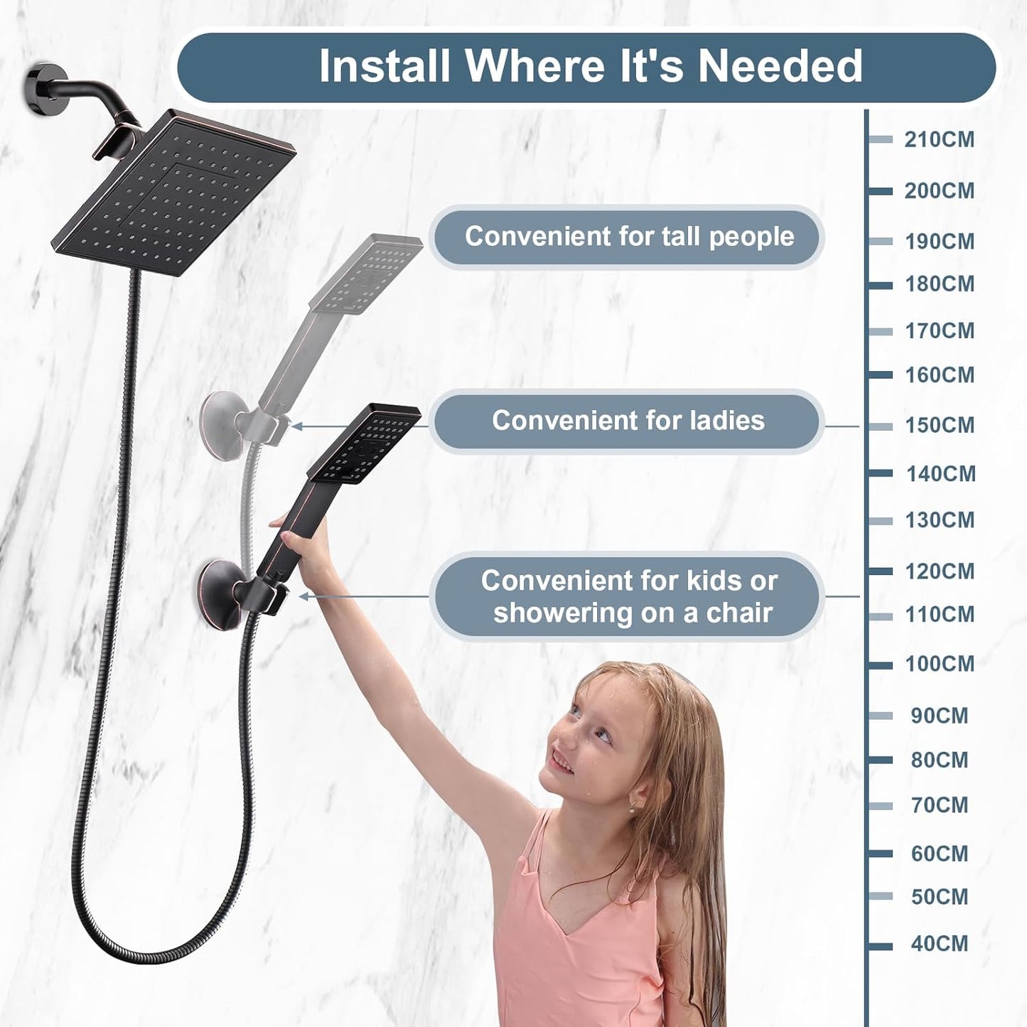 Rain Shower Head with Handheld Spray, 8 Inch Rainfall Shower Head Combo with 60" Hose, Adjustable Dual Square Showerhead Set with 3-Way Diverter, Wall Bracket, Oil-Rubbed Bronze