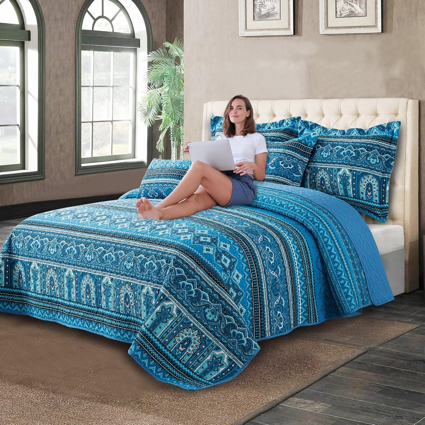 3 Pieces Summer Cotton Quilt King Size Sets, Soft King Bedspread Lightweight Quilted Reversible Coverlets Farmhouse Bedding Sets Boho Quilt King Set for Bed Decorations for All Seasons