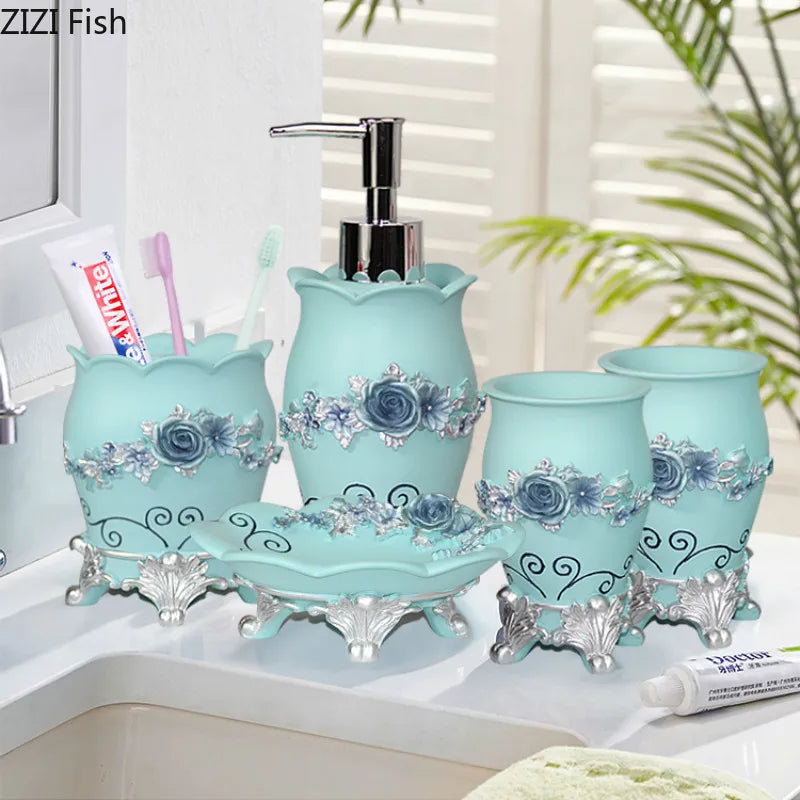 Emboss Bathroom Supplies Lotion Bottle Toothbrush Cup Resin Bathroom Five-Piece Suit Household Bathroom Accessories