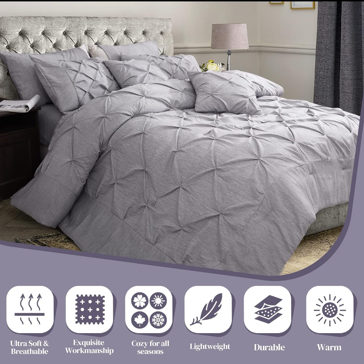 Full Size Comforter Set, (82"X86") Bedding Sets Cationic Dyeing, Pintuck Comforter & 2 Pillow Shams, Fluffy down Alternative Quilt, Double Bed Set All Season