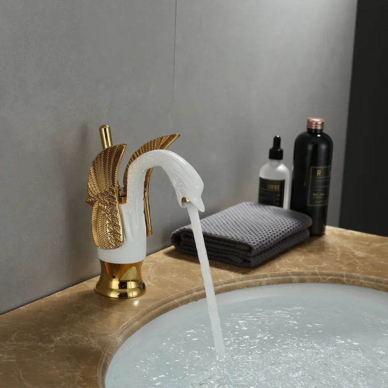 Gold White Brass Basin Faucets Swan Mixer Hot Cold Sink Single Hole Handle Water Tap Deck Mounted Copper Bathroom Accessories