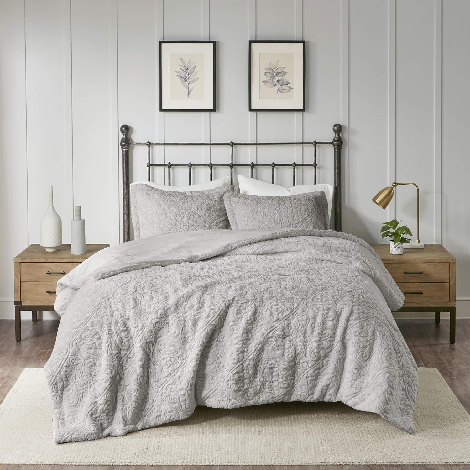 Bismarck King Size Bed Comforter Set - Grey, Embroidered Medallion – 3 Pieces Bedding Sets – Faux Fur Plush Bedroom Comforters (MP10-2004)