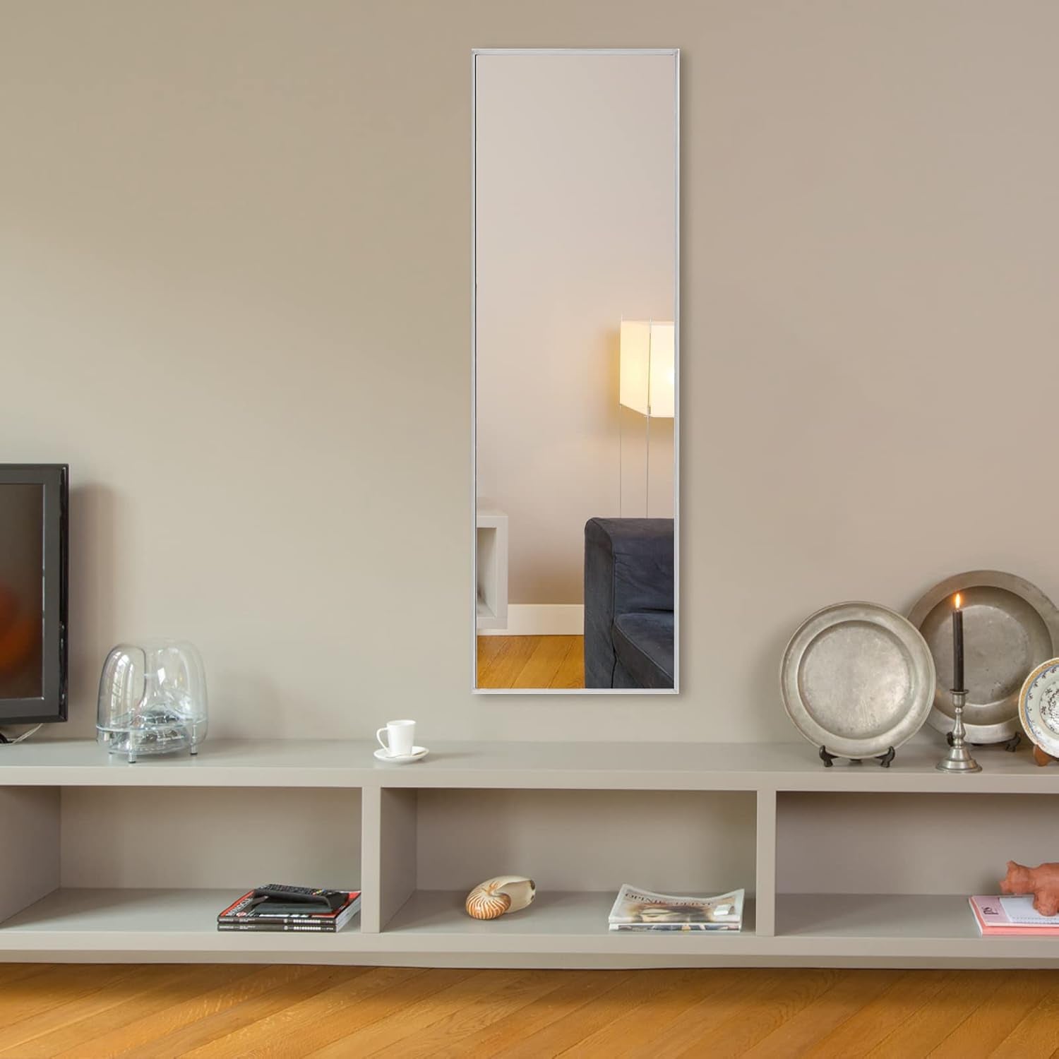Full Length Mirror 47"X16" Wall-Mounted Large Standing Hanging or Leaning against Wall Mirror, Door Mirror Body Dressing Mirror with Aluminum Alloy Frame for Living Room, Bedroom, Silver