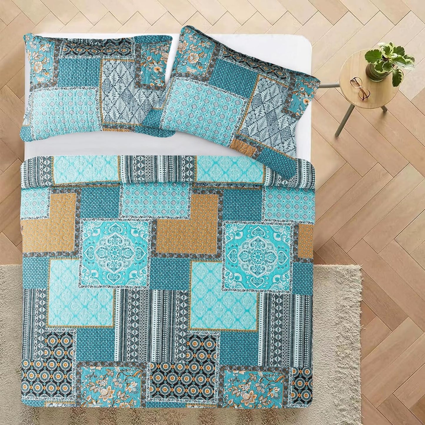 King Size Quilt Bedding Set - Soft Cotton King Size Bedspreads (98 * 106 In) - Lightweight Patchwork Floral Quilts for Farmhouse Bedroom (Teal/Green Chic, 3 Pieces)
