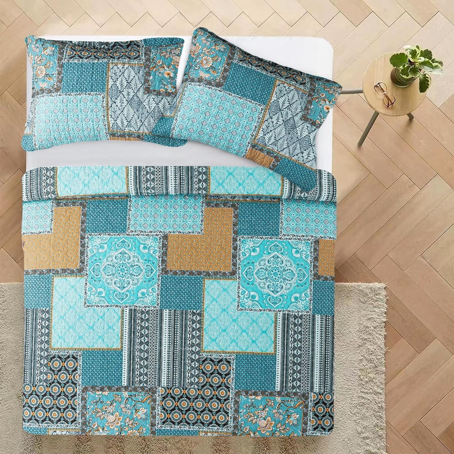 King Size Quilt Bedding Set - Soft Cotton King Size Bedspreads (98 * 106 In) - Lightweight Patchwork Floral Quilts for Farmhouse Bedroom (Teal/Green Chic, 3 Pieces)