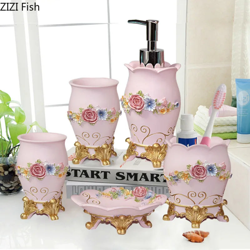 Emboss Bathroom Supplies Lotion Bottle Toothbrush Cup Resin Bathroom Five-Piece Suit Household Bathroom Accessories