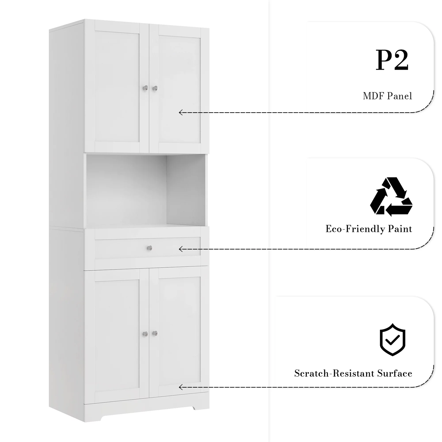 67.5" Tall Bathroom Storage Cabinet with Drawer, 4 Door Modern Freestanding Cupboard, White