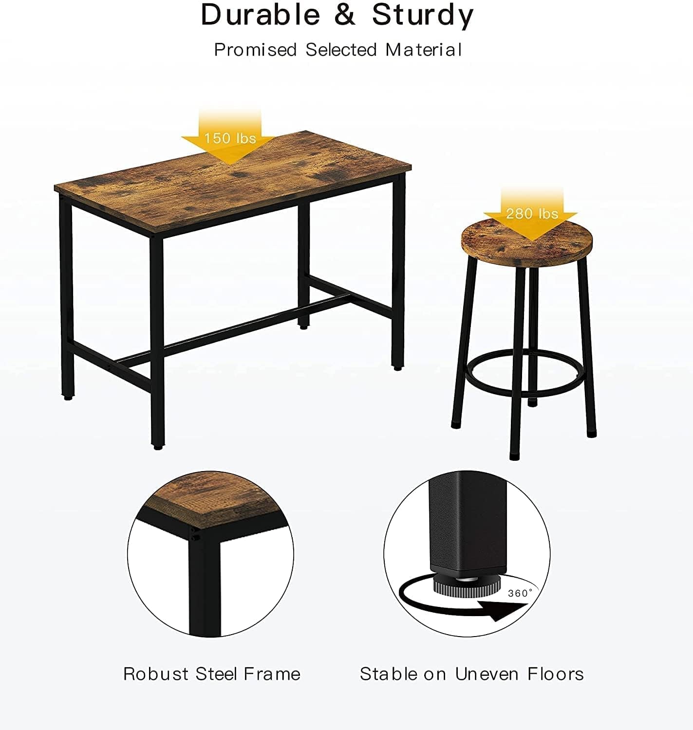 5 Pcs Dining Table Set, Kitchen Table and 4 Bar Stools Industrial Style Bar Table Set Height 35.7" for Kitchen,Living, Party Room, Rustic Brown