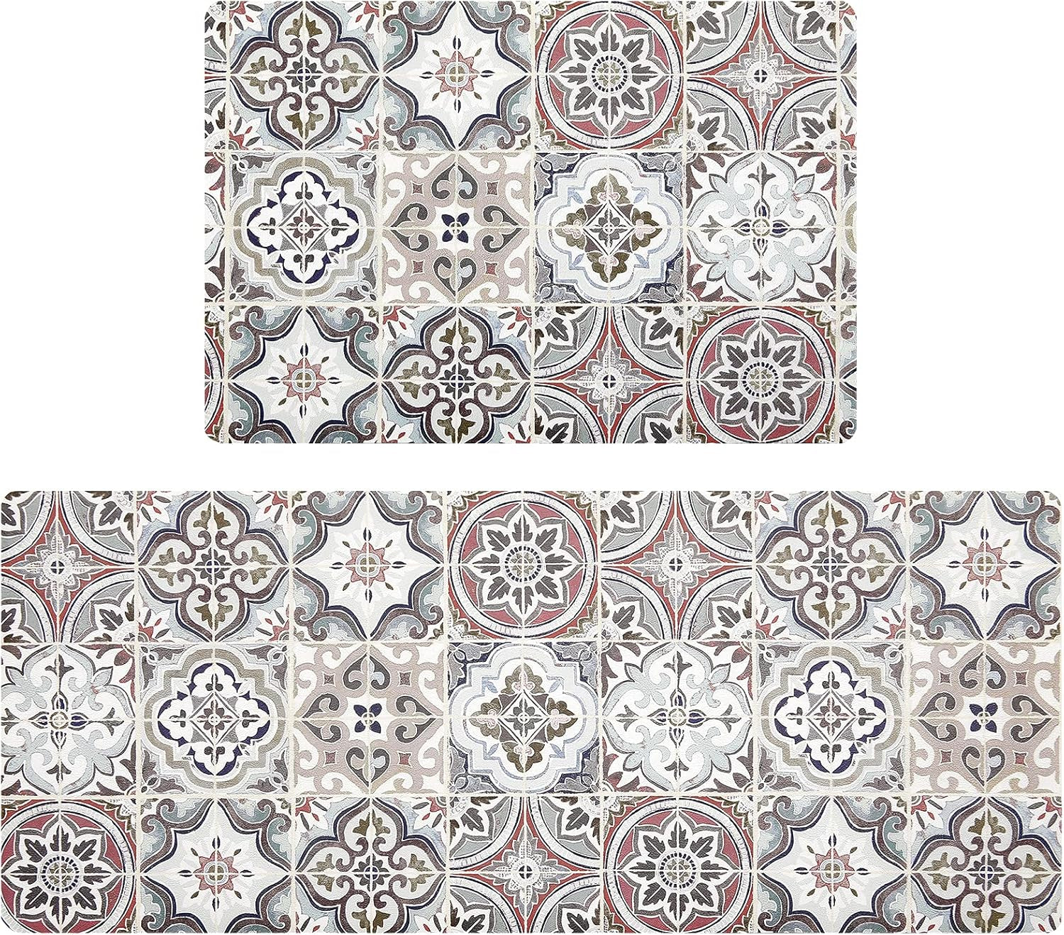 Bohemian Kitchen Rug Sets 2 Piece Non Skid Large Cushioned Kitchen Floor Mat Runner Set Waterproof Foam Rugs Floor Carpet for Sink Laundry Bathroom