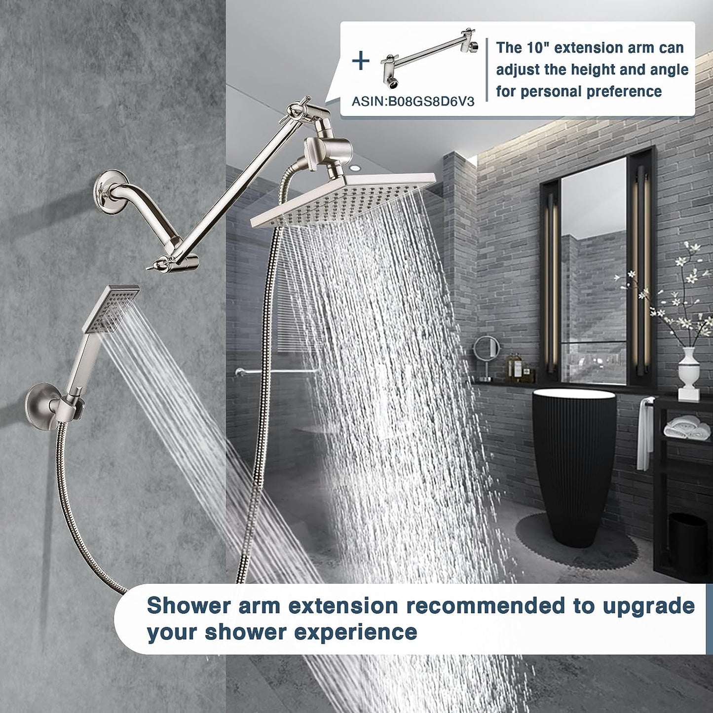 Rain Shower Head with Handheld Spray, 8 Inch Rainfall Shower Head Combo with 60" Hose, Adjustable Dual Square Showerhead Set with 3-Way Diverter, Wall Bracket, Brushed Nickel