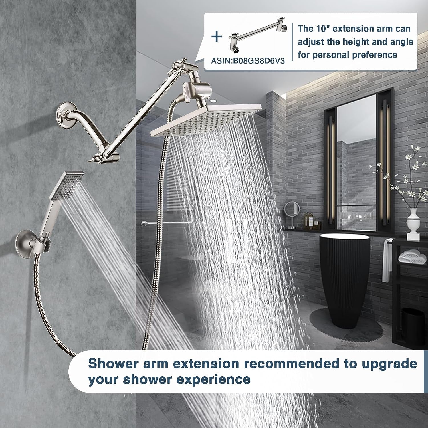 Rain Shower Head with Handheld Spray, 8 Inch Rainfall Shower Head Combo with 60" Hose, Adjustable Dual Square Showerhead Set with 3-Way Diverter, Wall Bracket, Brushed Nickel