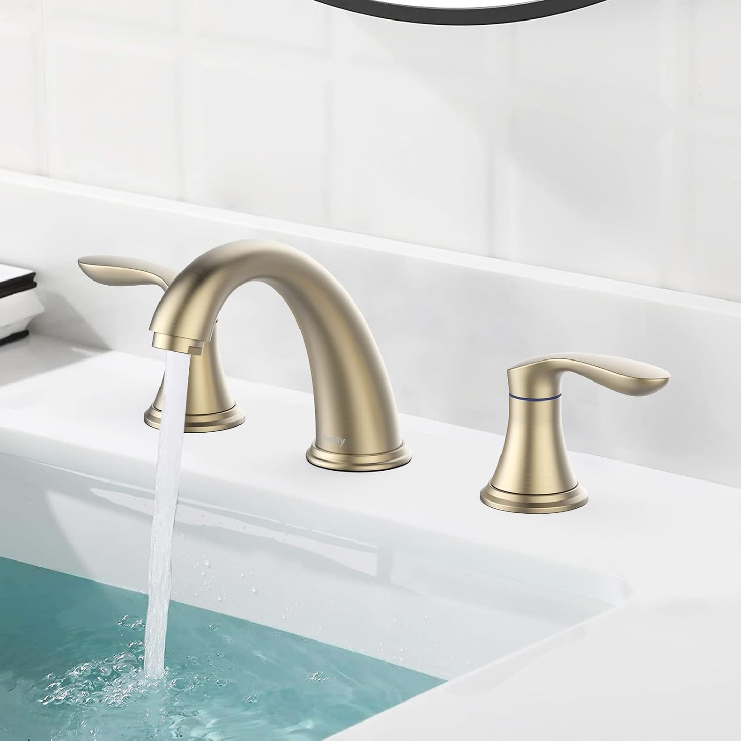 Bathroom Sink Faucet, Faucet for Bathroom Sink, Widespread Brushed Gold Bathroom Faucet 3 Hole with Stainless Steel Pop up Drain and Cupc Lead-Free Hose - (Brushed Gold)