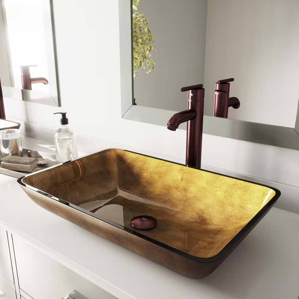 Donatello Gold Glass 22 In. L X 14 In. W X 5 In. H Rectangular Vessel Bathroom Sink
