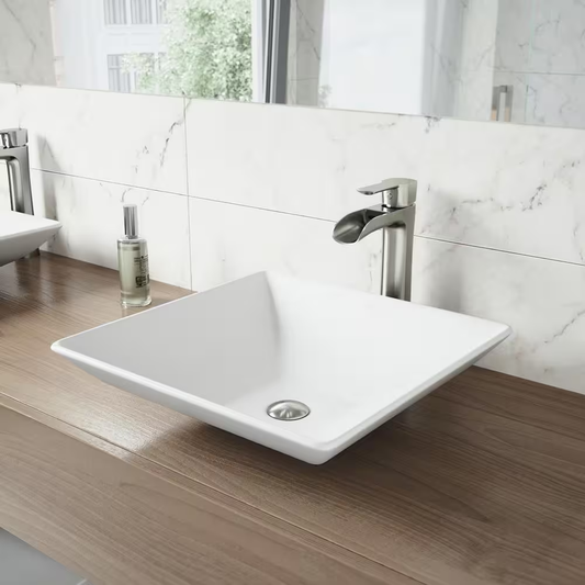 Hibiscus Modern White Matte Stone 16 In. L X 16 In. W X 5 In. H Square Vessel Bathroom Sink