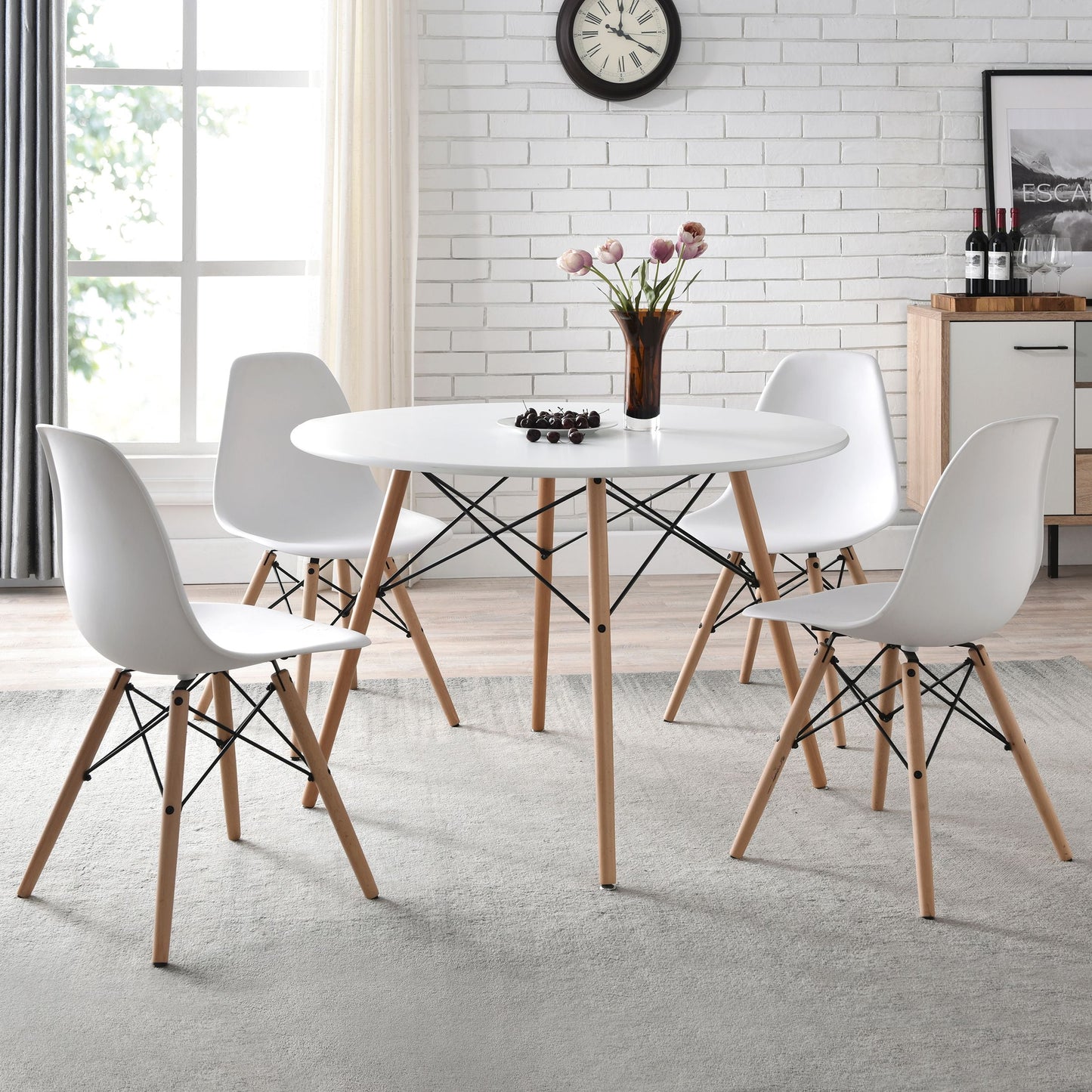 Mid-Century Modern Dining Chair, Set of 4, White and Beech Color