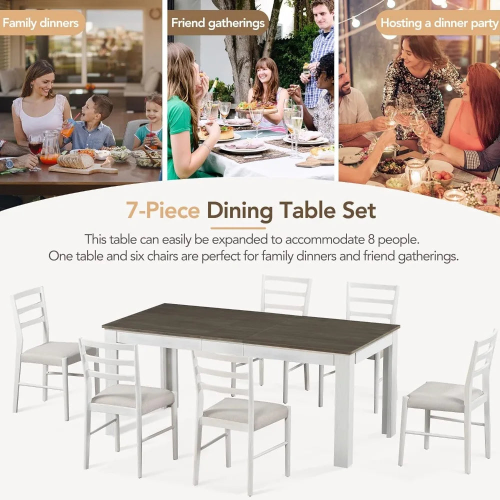 7-Piece Wooden Dining Set for 6 with Extendable Table and Soft Cushioned Chairs,2 Drawers, OneSize, Brown + White