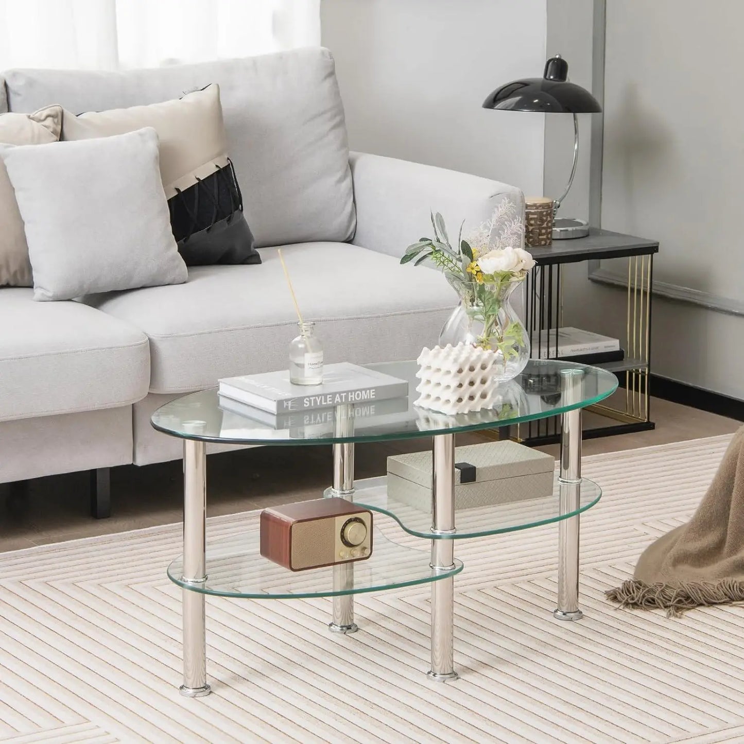 Glass Coffee Table, Furniture Decor 2-Tier Oval Glass Tea Table End Table for Home Office with 2 Tier Tempered Glass Boards