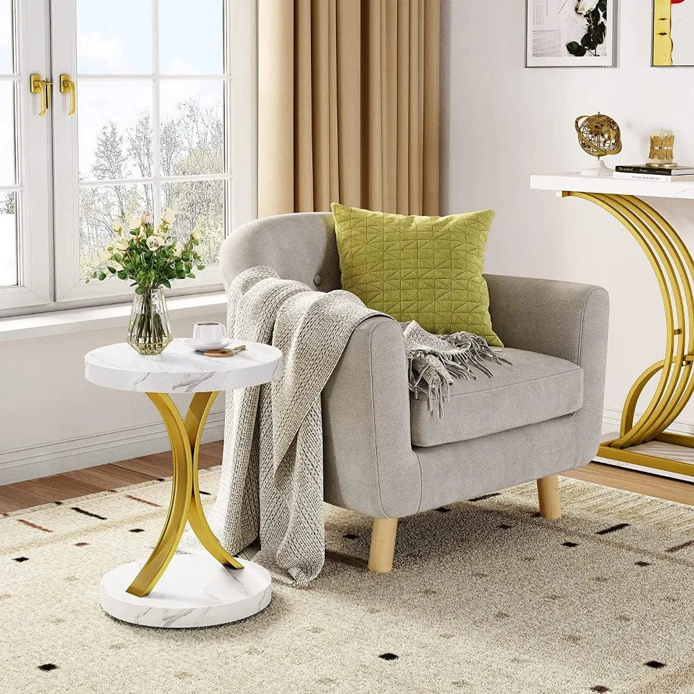 Modern Gold Round Side Table with Faux Marble Top Gold Metal Frame, Small End Table Accent Table Nightstand Living Room Bedroom