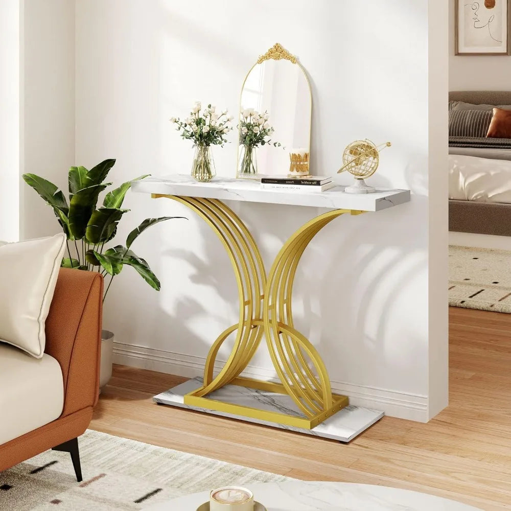 40 Inch Narrow Entryway Table Chest of Drawers Gold Console Table Organizers for Room Furniture Faux Marble White Hallway Mobile