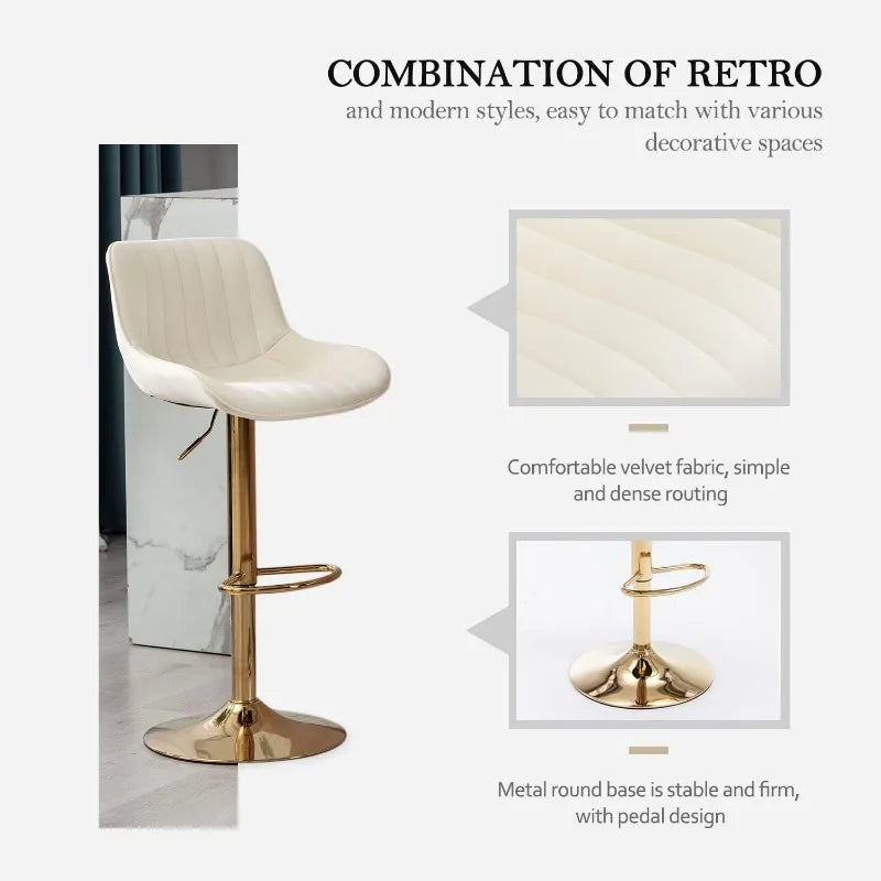 Kiztir Gold Velvet Bar Stools Set of 4, Adjustable Counter Height Bar Stools with Back & Footrest, Gold Swivel Bar Stools