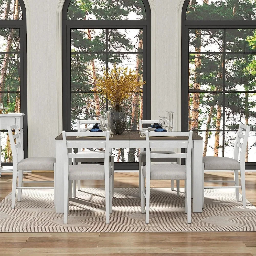 7-Piece Wooden Dining Set for 6 with Extendable Table and Soft Cushioned Chairs,2 Drawers, OneSize, Brown + White
