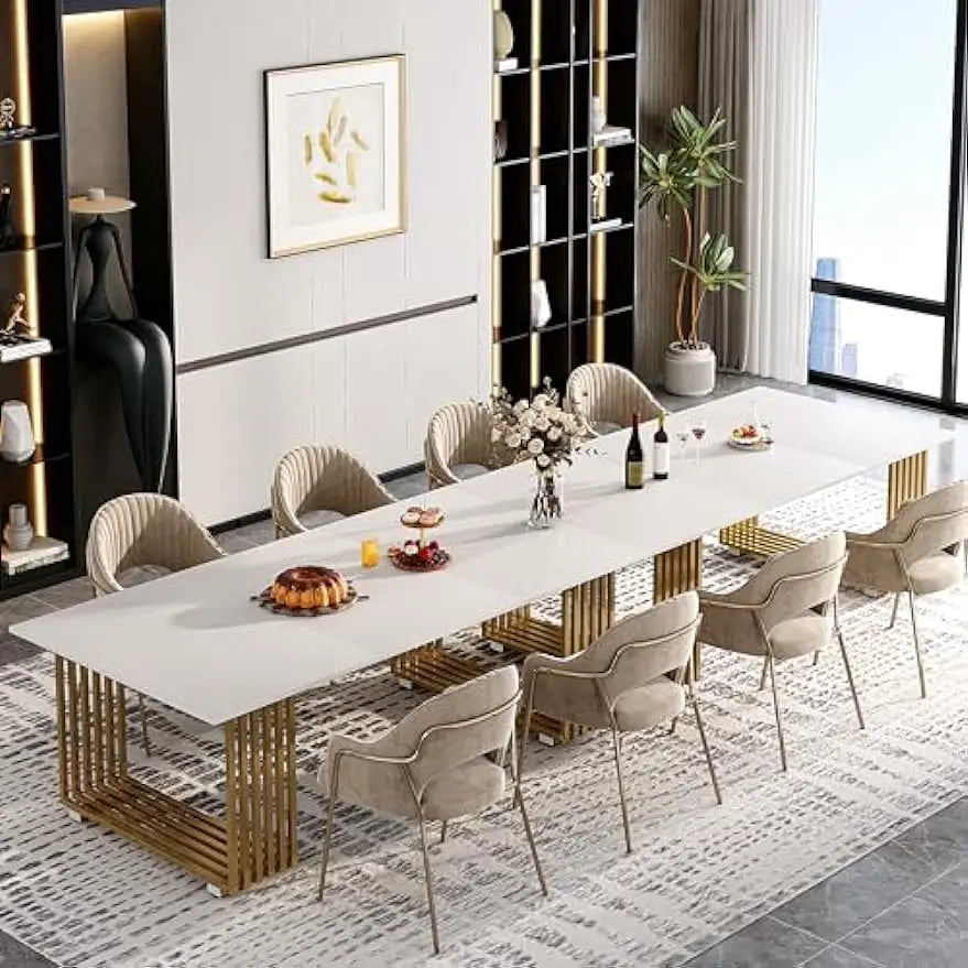 70.8 Inches Modern Dining Table for 6-8, Wood Rectangular  White Gold Long Kitchen Table with Gold Metal Legs for Dining Room