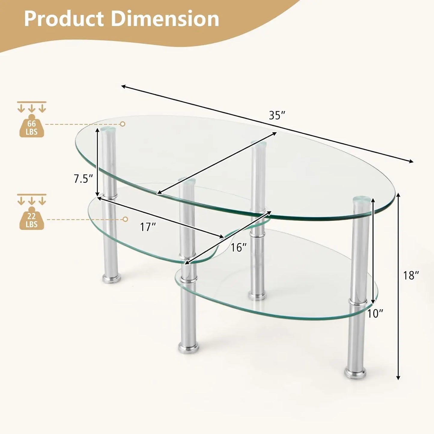 Glass Coffee Table, Furniture Decor 2-Tier Oval Glass Tea Table End Table for Home Office with 2 Tier Tempered Glass Boards