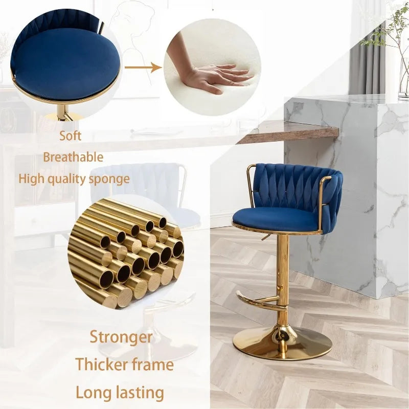 Gold Velvet Bar Stools Set of 4, Counter Height Bar Stools with Low Back, Swivel Bar Stools for Kitchen Island