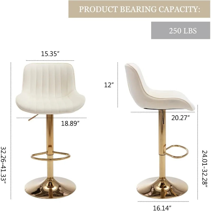Kiztir Gold Velvet Bar Stools Set of 4, Adjustable Counter Height Bar Stools with Back & Footrest, Gold Swivel Bar Stools